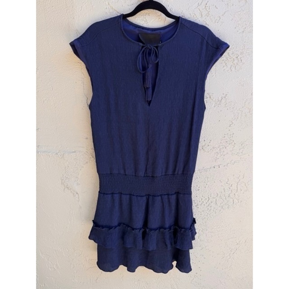 Vacate The Label Navy Blue Ruffled Smocked Mini Dress SMALL Tassel Tie Boho